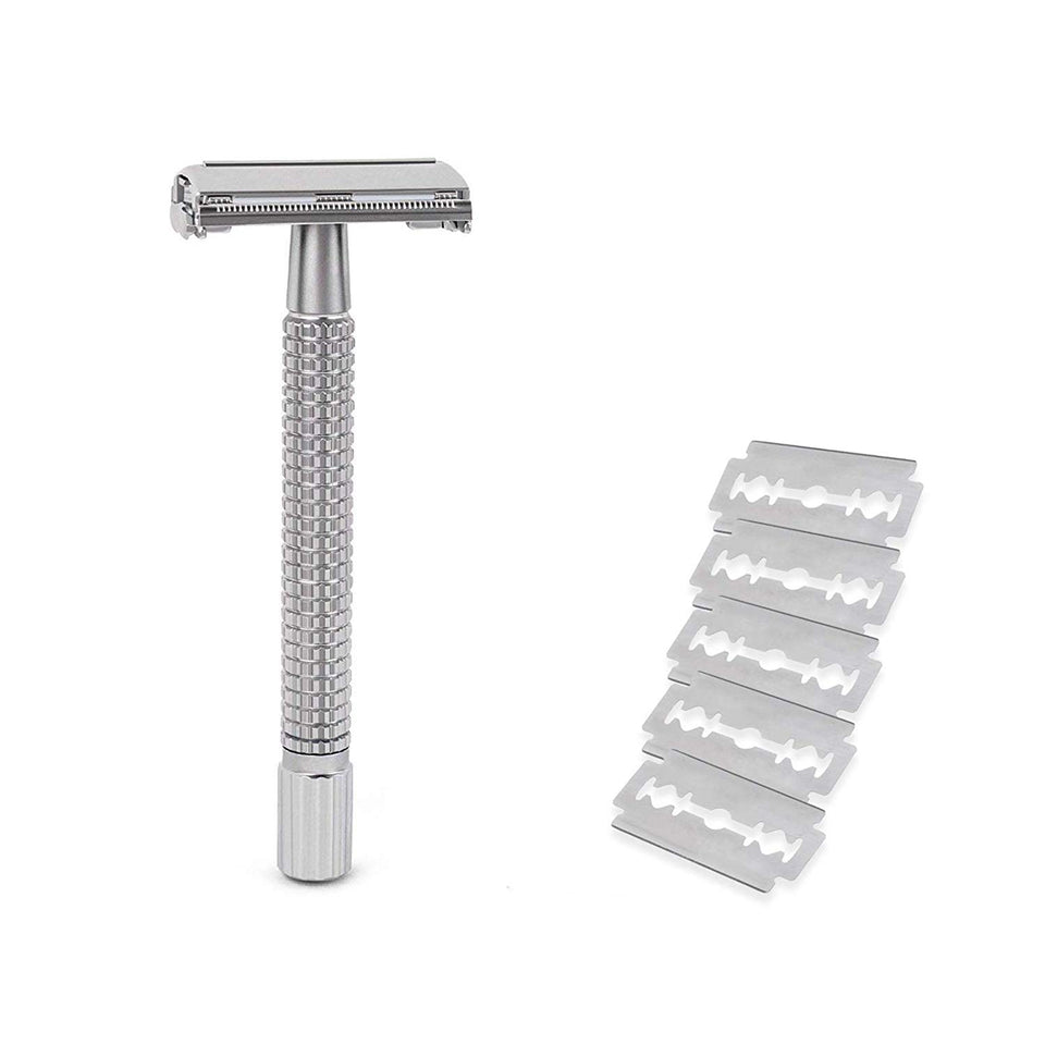 Rastrillo para Afeitar de Acero Inoxidable Vintage Mamba Shave. Rastrillo Ragnar Razor de doble filo de Metal para Rasurar. Incluye 5 Navajas de Afeitar. Estilo Retro. Stainless Steel Razor (Plateado)