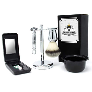 Mamba Shave Set de Rasurado 6 en 1. Incluye Rastrillo Vintage de Acero Inoxidable, 5 Navajas de Afeitar, Brocha para Espumar, Soporte y Tazón para Espuma. 6 in 1 Premium Shaving Kit. (Plata)