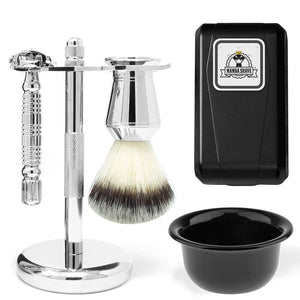 Mamba Shave Set de Rasurado 6 en 1. Incluye Rastrillo Vintage de Acero Inoxidable, 5 Navajas de Afeitar, Brocha para Espumar, Soporte y Tazón para Espuma. 6 in 1 Premium Shaving Kit. (Plata)