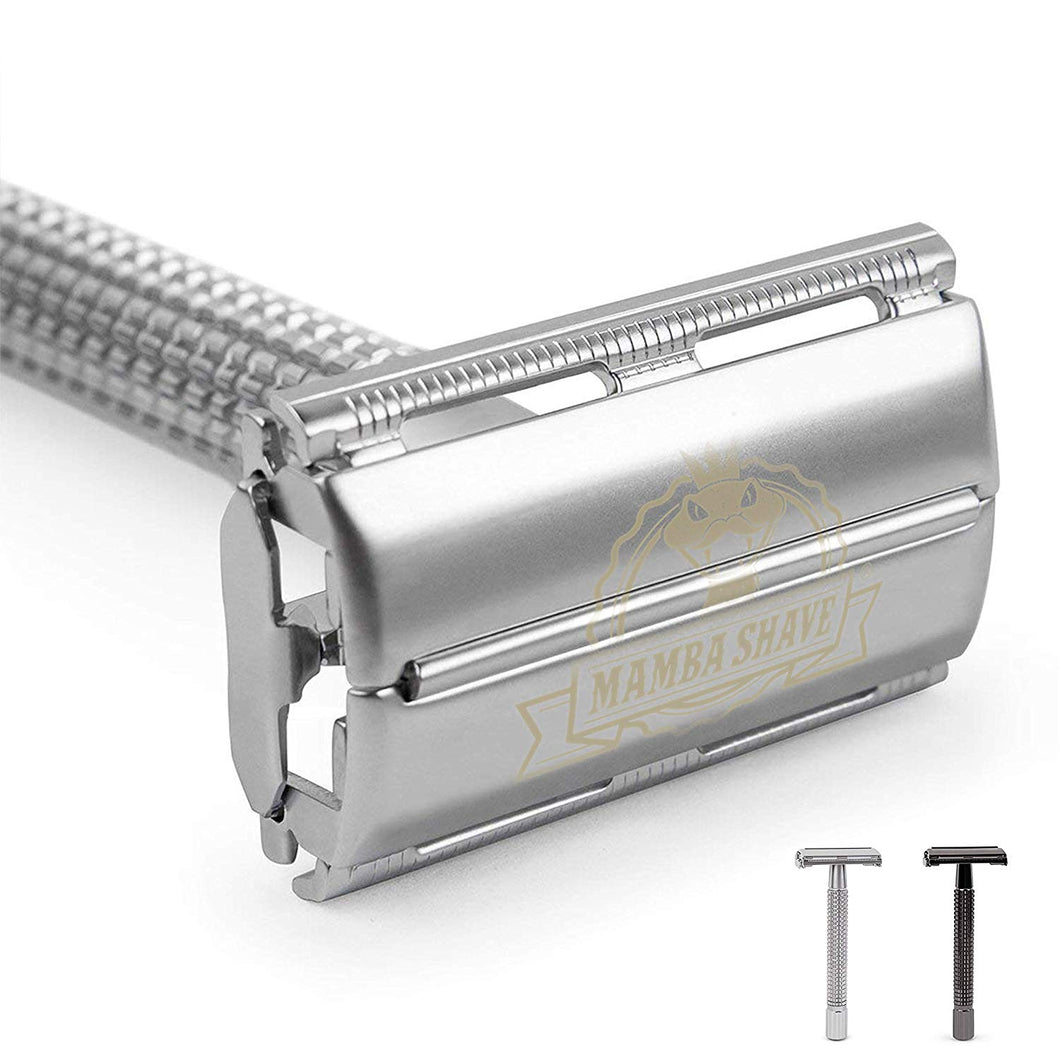 Rastrillo para Afeitar de Acero Inoxidable Vintage Mamba Shave. Rastrillo Ragnar Razor de doble filo de Metal para Rasurar. Incluye 5 Navajas de Afeitar. Estilo Retro. Stainless Steel Razor (Plateado)